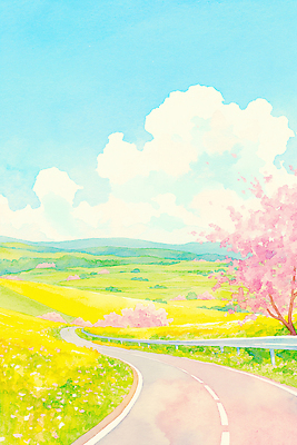 JPG 나무 식물 꽃 길 일러스트 촛불 자연 하늘 날씨 풍경 초원 파란색 태양 노란색 봄 벚꽃 숲 언덕 뷰티풀 국내일러스트 AI일러스트 AI콘텐츠 자연요소 계절 컬러 초 생태계 파일형식