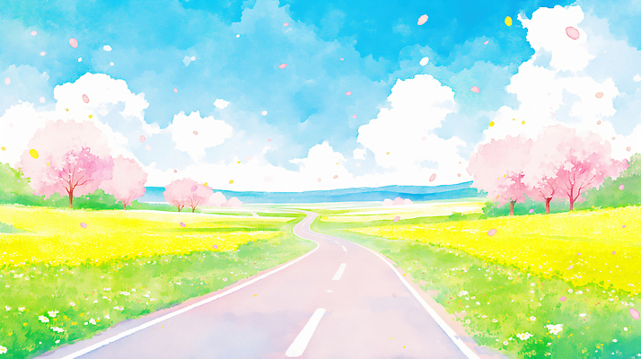 JPG 나무 꽃 길 분홍색 여행 일러스트 자연 조류 하늘 산 풍경 초원 노란색 봄 벚꽃 뷰티풀 청명 국내일러스트 AI일러스트 AI콘텐츠 식물 동물 계절 컬러 생태계 파일형식