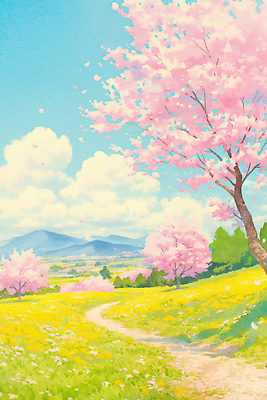 JPG 나무 계절 꽃 길 컬러 여행 일러스트 자연 하늘 산 풍경 초원 파란색 소풍 축제 봄 벚꽃 먼지 경관 국내일러스트 식물 야외활동 생태계 파일형식