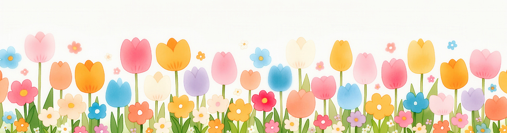 JPG 식물 꽃 화초 분홍색 컬러 꽃밭 일러스트 자연 풍경 잔디 파란색 햇빛 노란색 보라색 주황색 봄 다양 튤립 시골 국내일러스트 AI일러스트 AI콘텐츠 계절 다수 태양 생태계 파일형식