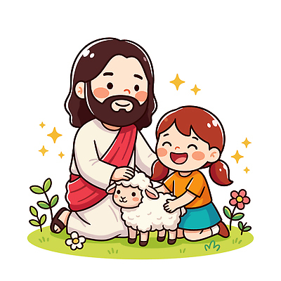 캐릭터 교육 꽃 행복 종교 어린이 일러스트 가족 자연 놀이 동화 따뜻함 사랑 웃음 초원 만지기 아기 양 예수 그림 돌봄 국내일러스트 AI파일 식물 감정 포유류 관계 모션 표정 사람 신_종교 생태계 파일형식 벡터