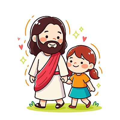 행복 종교 문화 어린이 상징 일러스트 관계 사랑 웃음 소녀 초원 친구 걷기 손잡기 기쁨 예수 그림 소통 순간 국내일러스트 AI파일 여자 감정 컨셉 모션 표정 사람 신_종교 파일형식 벡터
