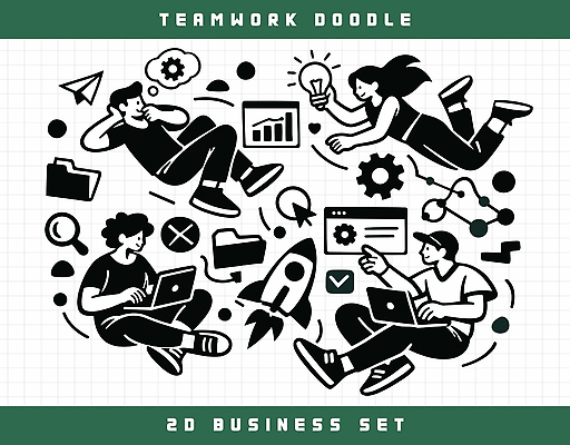 디자인 일러스트 비즈니스 도안 협력 아이디어 여러명 그래픽 노트북 환경 도전 도구 작업 기획 소통 문제해결 창의성 국내일러스트 AI파일 다수 컨셉 사람 전자제품 파일형식 벡터