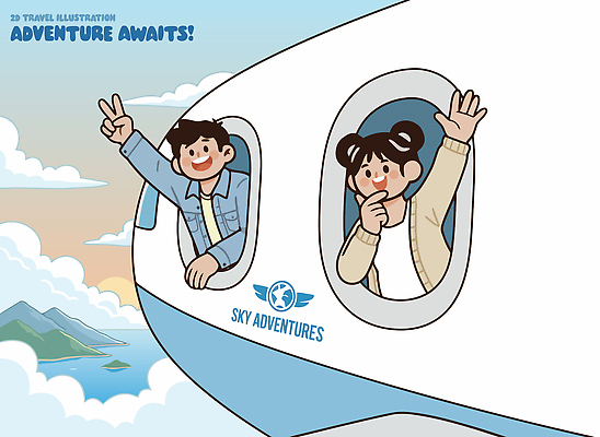 캐릭터 손 여행 일러스트 창문 하늘 산 비행기 풍경 이벤트 친구 자유 탐험 즐거움 놀기 떠남 생동감 순간 국내일러스트 AI파일 감정 컨셉 관계 항공교통 모션 대중교통 신체부위 파일형식 벡터