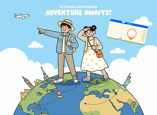 옷 여행 지도 일러스트 손가락 비행기 야외 두명 여름 세계 지구본 가리킴 관찰 도시 준비 지리 짐가방 국내일러스트 AI파일 손 계절 가방 항공교통 모션 대중교통 사람 손짓 파일형식 벡터