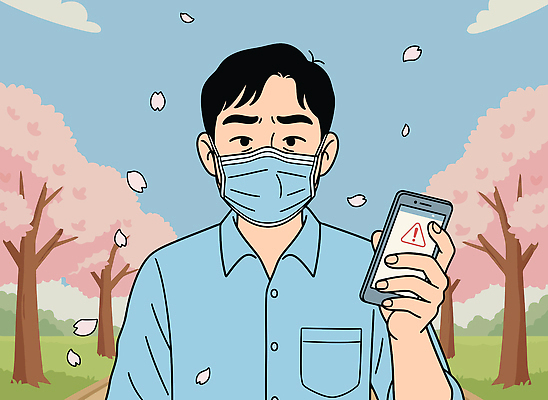 식물 계절 공공시설 꽃 컨셉 모션 말하기 사람 핸드폰 스마트기기 먼지 파일형식 벡터 남자 마스크 스마트폰 벚꽃 꽃잎 나무 길 봄 날씨 꺼내기 걷기 풍경 공원 대화 알림 위험 경고 소통 일러스트 국내일러스트 AI파일 미세먼지 기침