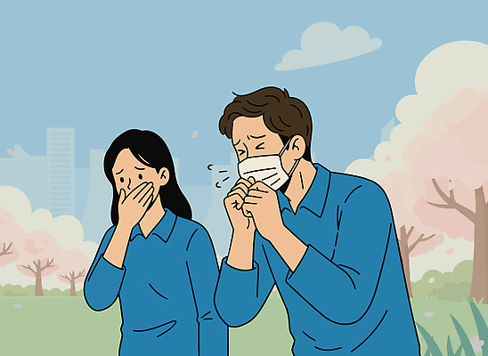 나무 공원 여자 남자 꽃 일러스트 모션 바람 날씨 표정 건강 대화 마스크 여러명 걷기 환경 봄 알레르기 기침 미세먼지 불편함 국내일러스트 AI파일 자연요소 식물 계절 공공시설 다수 말하기 사람 감각 질병 먼지 파일형식 벡터