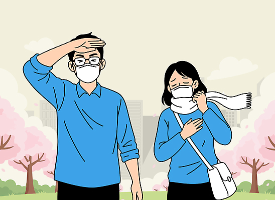 나무 공원 여자 남자 일러스트 모션 날씨 거리 건강 마스크 풍경 여러명 일상 유행 걷기 스카프 벚꽃 도시 호흡 보호 기침 미세먼지 국내일러스트 AI파일 식물 공공시설 꽃 다수 컨셉 사람 라이프 목도리 먼지 파일형식 벡터