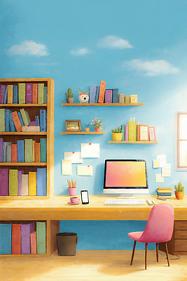 JPG 식물 디자인 꽃 벽 컬러 의자 일러스트 창문 책장 장식 책 핸드폰 컴퓨터 사무실 펜 사무용품 공책 책상 문서 정리 국내일러스트 AI일러스트 AI콘텐츠 가구 비즈니스 문구용품 전자제품 필기구 파일형식