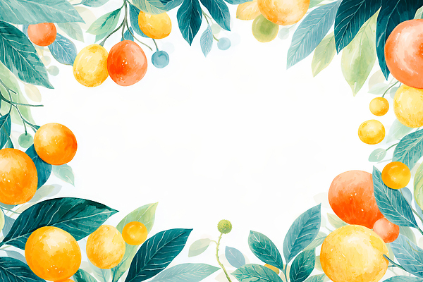 JPG 식물 예술 백그라운드 잎 과일 일러스트 자연 수채화 프레임 초록색 여름 세트 노란색 주황색 원형 그림 작품 청록색 색감 국내일러스트 AI일러스트 AI콘텐츠 도형 계절 컬러 미술 생태계 파일형식