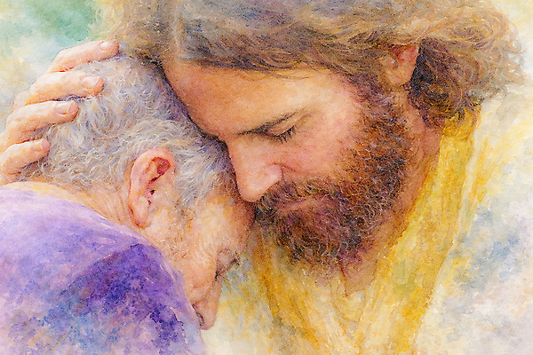 JPG 노년 남자 감정 생각 일러스트 관계 안기 휴식 대화 사랑 사람 머리 믿음 예수 장면 위로 순간 국내일러스트 AI일러스트 AI콘텐츠 컨셉 모션 말하기 성인 신체부위 신_종교 파일형식