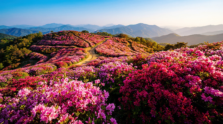 JPG 편집이미지 꽃 길 자연 하늘 아침 산 풍경 초원 햇빛 봄 진달래 동산 산기슭 편집실사 AI포토 AI콘텐츠 주간 식물 계절 태양 CG 생태계 파일형식