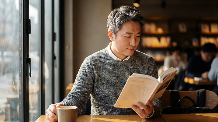 JPG 편집이미지 남자 커피 휴식 앉기 여러명 책 독서 공간 카페 시간 읽기 즐거움 내용 의료성형뷰티 목차 편집실사 AI인물포토 AI콘텐츠 감정 음료 다수 컨셉 모션 사람 상점 CG 파일형식 AI포토