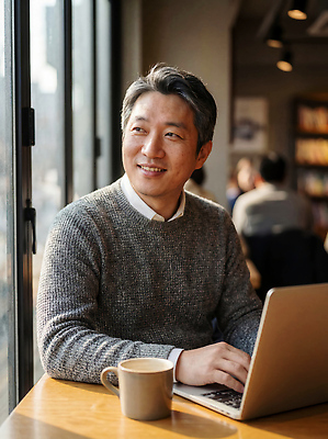 JPG 편집이미지 남자 커피 모션 탁자 대화 여러명 노트북 독서 카페 작업 집중 창가 오후 의료성형뷰티 편집실사 AI인물포토 AI콘텐츠 음료 가구 다수 컨셉 창문 말하기 사람 전자제품 상점 CG 파일형식 AI포토