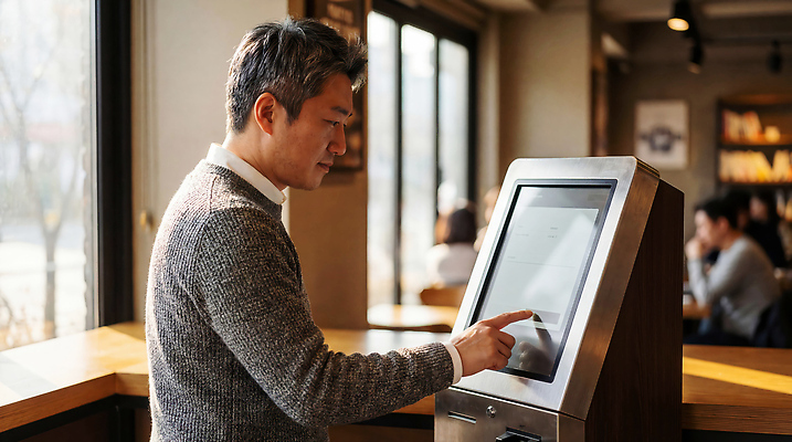JPG 편집이미지 남자 커피 음식 의자 손가락 탁자 기술 디지털 스크린 카페 서비스 주말 주문 키오스크 의료성형뷰티 사용자 편집실사 손 음료 가구 사람 상점 CG 파일형식