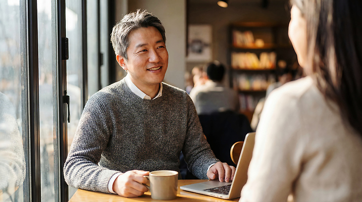 JPG 편집이미지 여자 남자 커피 대화 웃음 여러명 일상 친구 컴퓨터 카페 만남 소통 친목 의료성형뷰티 편집실사 AI인물포토 AI콘텐츠 음료 다수 컨셉 관계 표정 말하기 사람 라이프 전자제품 상점 CG 파일형식 AI포토