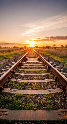 JPG 편집이미지 길 자연 하늘 풍경 초원 태양 일몰 기찻길 기차 시골 저녁 편집실사 AI포토 AI콘텐츠 자연요소 육상교통 대중교통 노을 야간 CG 생태계 파일형식