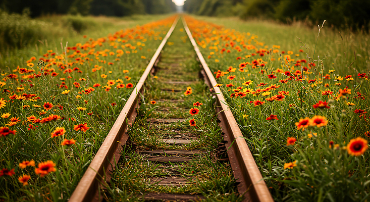JPG 편집이미지 꽃 컬러 자연 하늘 밝음 풍경 초록색 여름 노란색 주황색 기찻길 장면 선로 편집실사 AI포토 AI콘텐츠 식물 계절 CG 생태계 파일형식