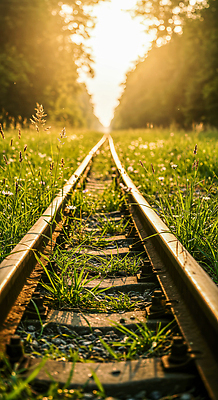 JPG 편집이미지 꽃 길 여행 자연 풍경 잔디 초원 초록색 여름 햇빛 기찻길 기차 선로 편집실사 AI포토 AI콘텐츠 식물 계절 육상교통 컬러 대중교통 태양 CG 생태계 파일형식