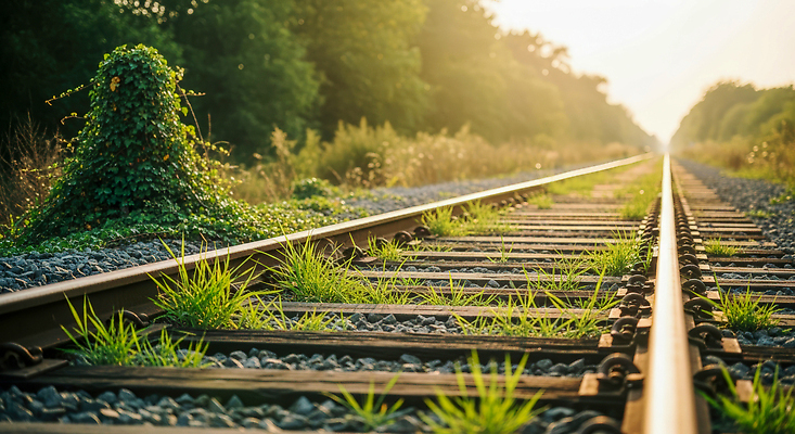 JPG 나무 식물 편집이미지 백그라운드 자연 초록색 햇빛 흙 기찻길 덩굴 선로 편집실사 AI포토 AI콘텐츠 컬러 태양 CG 생태계 파일형식