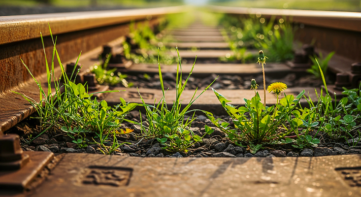 JPG 식물 편집이미지 길 자연 생명 바닥 파란색 햇빛 환경 기찻길 기차 돌_바위 민들레 선로 편집실사 AI포토 AI콘텐츠 꽃 육상교통 컬러 대중교통 태양 CG 생태계 파일형식