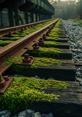 JPG 편집이미지 재료 자연 바닥 이끼 초록색 환경 소리 기찻길 기차 돌_바위 빈티지 선로 전경 편집실사 AI포토 AI콘텐츠 육상교통 컬러 컨셉 대중교통 풍경 CG 생태계 파일형식 탑뷰