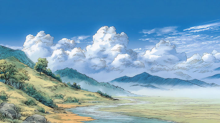 JPG 나무 식물 컬러 일러스트 자연 하늘 바람 산 논 풍경 초원 물 강 계곡 소리 저녁 지역 오후 국내일러스트 AI일러스트 AI콘텐츠 자연요소 농업 날씨 야간 생태계 파일형식