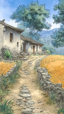 JPG 나무 식물 길 여행 농업 일러스트 자연 하늘 산 주택 돌담 풍경 초원 여름 태양 마을 산책 농촌 그림 풍경화 국내일러스트 AI일러스트 AI콘텐츠 자연요소 계절 산업 휴식 건물 담장 돌_바위 시골 생태계 파일형식