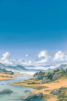 JPG 나무 여행 일러스트 자연 하늘 바람 산 풍경 물 여름 강 햇빛 평화 산책 돌_바위 숲 평지 국내일러스트 AI일러스트 AI콘텐츠 자연요소 식물 계절 컨셉 날씨 휴식 태양 땅 생태계 파일형식