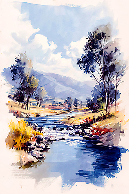 JPG 나무 컬러 일러스트 모션 자연 하늘 수채화 산 밝음 풍경 초원 물 여름 강 흙 흐름 시골 땅 방법 풍경화 국내일러스트 AI일러스트 AI콘텐츠 자연요소 식물 계절 컨셉 그림 생태계 파일형식