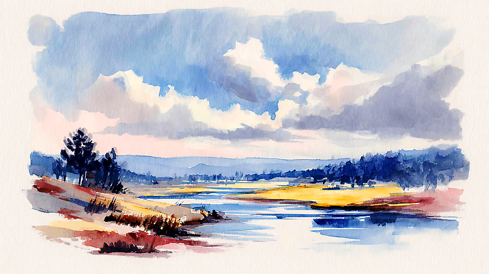 JPG 나무 컬러 일러스트 자연 하늘 수채화 풍경 잔디 취미 야외 물 강 운동 산책 흐름 숲 그림 지역 풍경화 국내일러스트 AI일러스트 AI콘텐츠 자연요소 식물 컨셉 휴식 건강 생태계 파일형식