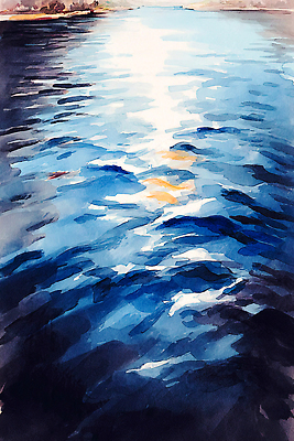 JPG 물결 바다 컬러 일러스트 자연 하늘 조명 수채화 풍경 파란색 강 햇빛 반사 고요 일몰 원근감 수면 그림 풍경화 국내일러스트 AI일러스트 AI콘텐츠 뷰포인트 물 태양 노을 생태계 파일형식