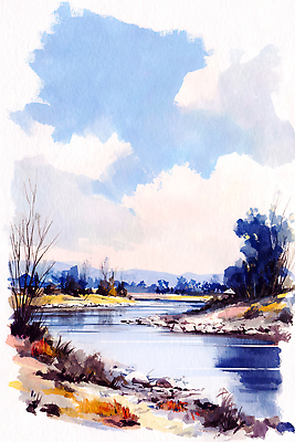 JPG 나무 예술 컬러 일러스트 자연 하늘 수채화 산 풍경 물 여름 강 고요 흐름 물가 강가 그림 조화 풍경화 국내일러스트 AI일러스트 AI콘텐츠 자연요소 식물 계절 컨셉 생태계 파일형식