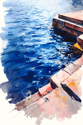 JPG 나무 예술 바다 일러스트 자연 수채화 풍경 물 여름 파란색 강 햇빛 계단 소리 이탈리아 블록 표현 수면 조용 풍경화 국내일러스트 AI일러스트 AI콘텐츠 자연요소 식물 계절 유럽 컬러 태양 그림 생태계 파일형식