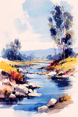 JPG 나무 컬러 일러스트 자연 하늘 수채화 미술 풍경 일상 물 여름 강 고요 들꽃 돌_바위 강가 그림 조경 풍경화 국내일러스트 AI일러스트 AI콘텐츠 자연요소 식물 계절 꽃 문화예술 라이프 생태계 파일형식