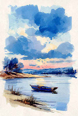 JPG 컬러 일러스트 자연 하늘 바람 수채화 풍경 여름 강 햇빛 일출 일몰 수면 숲 땅 그림 풍경화 국내일러스트 AI일러스트 AI콘텐츠 자연요소 계절 날씨 물 태양 노을 생태계 파일형식