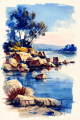 JPG 나무 식물 일러스트 자연 하늘 수채화 산 풍경 물 여름 파란색 반짝임 강 황혼 돌_바위 수면 숲 강가 부드러움 풍경화 경관 국내일러스트 AI일러스트 AI콘텐츠 자연요소 계절 컬러 모션 일몰 감각 그림 생태계 파일형식