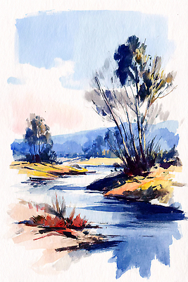 JPG 나무 예술 컬러 일러스트 자연 하늘 수채화 풍경 초원 물 여름 강 개울 숲 강가 그림 화가 풍경화 국내일러스트 AI일러스트 AI콘텐츠 자연요소 식물 직업 계절 생태계 파일형식