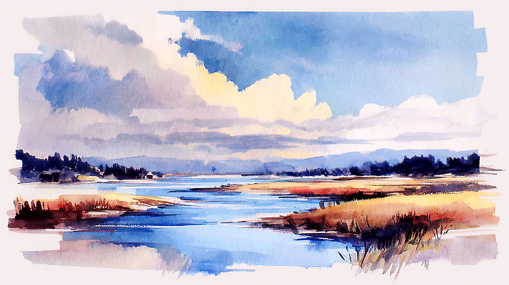 JPG 나무 물결 컬러 일러스트 자연 하늘 수채화 풍경 초원 물 여름 강 환경 맑음 흐름 그림 멀리 조화 풍경화 국내일러스트 AI일러스트 AI콘텐츠 자연요소 식물 계절 컨셉 날씨 생태계 파일형식