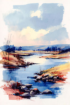 JPG 나무 예술 컬러 일러스트 자연 하늘 수채화 풍경 초원 물 파란색 강 평화 공간 흐름 돌_바위 화가 풍경화 국내일러스트 AI일러스트 AI콘텐츠 자연요소 식물 직업 컨셉 그림 생태계 파일형식