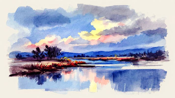 JPG 나무 식물 물결 예술 컬러 일러스트 자연 하늘 수채화 산 풍경 물 강 반사 일몰 저녁 강가 그림 풍경화 국내일러스트 AI일러스트 AI콘텐츠 자연요소 노을 야간 생태계 파일형식