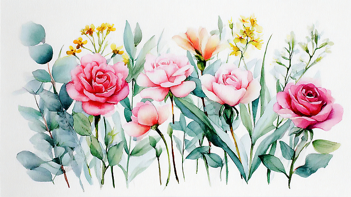 JPG 식물 디자인 꽃 화초 예술 분홍색 컬러 백그라운드 잎 일러스트 자연 수채화 장식 노란색 정원 전시 그림 원예 화사함 뷰티풀 창의력 보테니컬아트 국내일러스트 AI일러스트 AI콘텐츠 컨셉 취미 생태계 파일형식