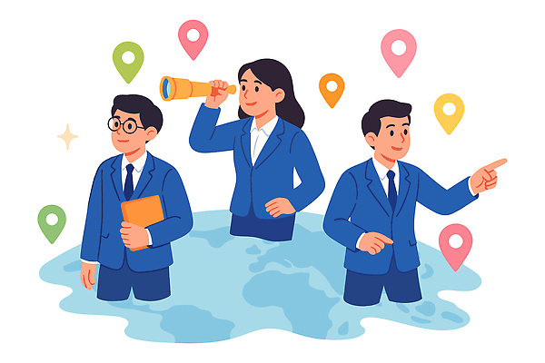 옷 지도 일러스트 비즈니스 협력 세명 사무실 수중 망원경 정보 구직 도구 업무 직원 검사_조사 위치 탐색 수행 발견 찾기 국내일러스트 AI파일 컨셉 모션 사람 작업 파일형식 벡터