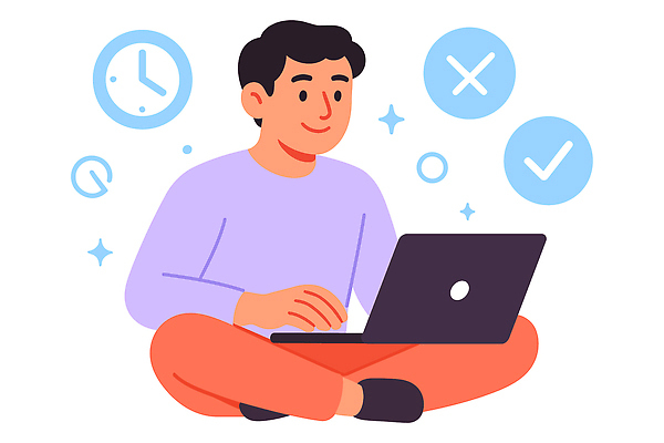 디자인 남자 일러스트 커뮤니케이션 바닥 기술 관리 앉기 노트북 컴퓨터 디지털 정보 시간 작업 사무 전문직 X 집중 체크표시 국내일러스트 AI파일 직업 알파벳 컨셉 모션 사람 전자제품 업무 확인 파일형식 벡터