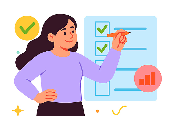여자 생각 일러스트 성공 커뮤니케이션 그래프 사무실 도구 기록 작업 조직 목표 계획 완료 집중 진행 리스트 체크리스트 국내일러스트 AI파일 컨셉 비즈니스 사람 파일형식 벡터