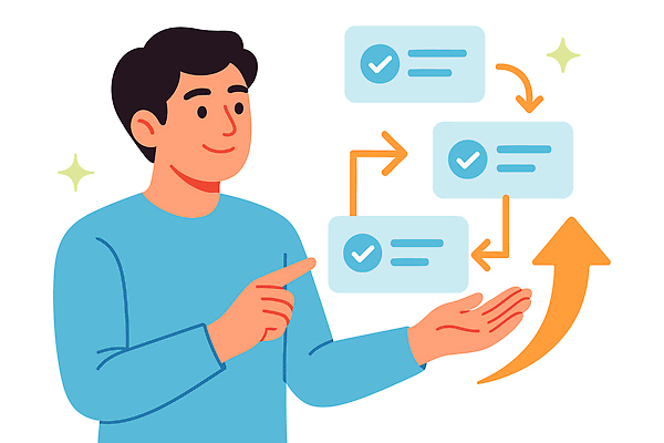 일러스트 그래프 아이디어 설명 사람 그래픽 흐름 정보 작업 목표 계획 방향 분석 전략 과정 의견 진행 소통 개선 상호작용 국내일러스트 AI파일 컨셉 모션 파일형식 벡터