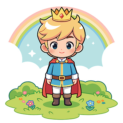 캐릭터 어린이 컬러 무지개 꽃밭 일러스트 상상 동화 왕관 표정 웃음 풍경 소년 친구 귀여움 꿈 어린왕자 왕국 왕자 국내일러스트 AI파일 자연요소 남자 꽃 컨셉 관계 사람 파일형식 벡터