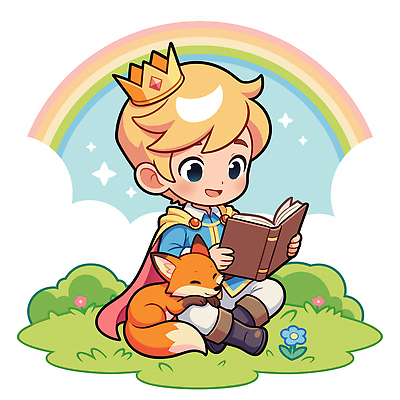 동물 캐릭터 행복 무지개 일러스트 자연 동화 왕관 이야기 소년 초원 책 친구 소풍 보호 읽기 여우 조화 상상력 어린왕자 오후 국내일러스트 AI파일 자연요소 남자 감정 어린이 컨셉 포유류 관계 모션 야외활동 생태계 파일형식 벡터