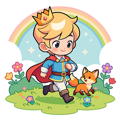 캐릭터 어린이 컬러 무지개 꽃밭 일러스트 상상 자연 동화 이야기 미소 소년 친구 달리기 즐거움 여우 뷰티풀 어린왕자 왕자 국내일러스트 AI파일 자연요소 남자 꽃 감정 포유류 관계 모션 표정 사람 생태계 파일형식 벡터
