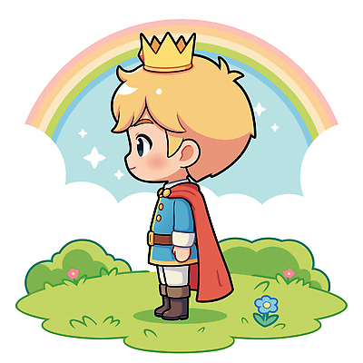 캐릭터 꽃 무지개 일러스트 상상 놀이 하늘 동화 왕관 소년 잔디 초원 소풍 귀여움 망토 그림 동산 초상화 어린왕자 국내일러스트 AI파일 자연요소 식물 남자 어린이 컨셉 야외활동 파일형식 벡터
